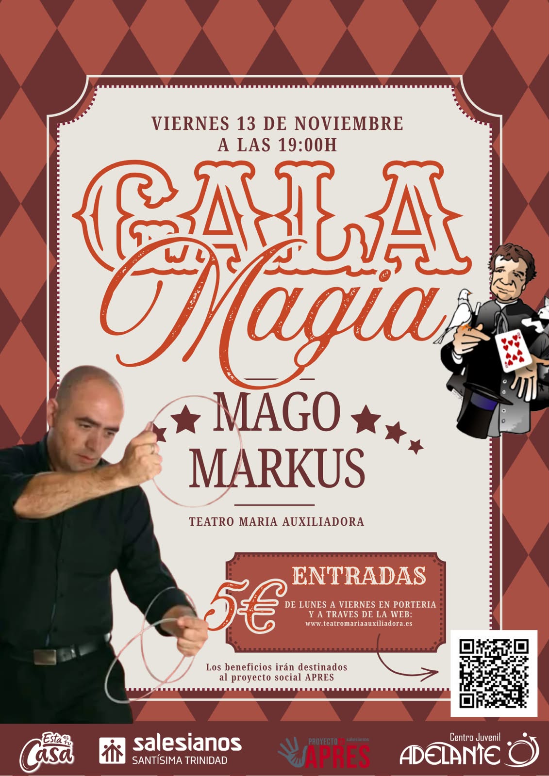 Cartel completo de La Magia de Don Bosco, Gala Solidaria, con el Mago Markus, el 13 de noviembre a las 19:00